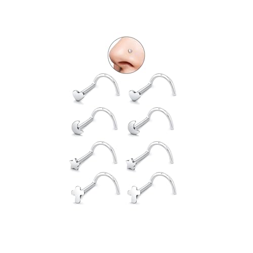 20G Nose Rings for Women, L Shaped Nostril Piercing Studs | 316L Stainless Steel, 0.8 mm×7 mm, 2 mm CZ or 3-4 mm Heart, Star, Moon and Cross, Gold-Tone or Silver-tone, Daily Wear - style: Silver Style A