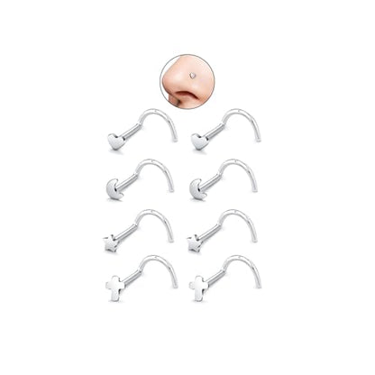 20G Nose Rings for Women, L Shaped Nostril Piercing Studs | 316L Stainless Steel, 0.8 mm×7 mm, 2 mm CZ or 3-4 mm Heart, Star, Moon and Cross, Gold-Tone or Silver-tone, Daily Wear - style: Silver Style A