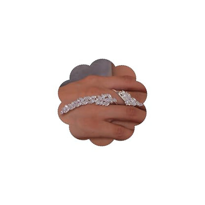 Rhinestone Finger Ring for Women Sparkly Crystal Butterfly Flower Leaf Adjustable Statement Chain Rings Punk Jewelry - color: silver leaf