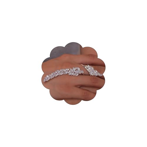 Rhinestone Finger Ring for Women Sparkly Crystal Butterfly Flower Leaf Adjustable Statement Chain Rings Punk Jewelry - color: silver leaf