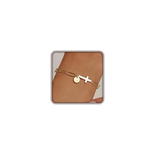 Gold Bracelets for Women,14K Gold-Plated Dainty A-Z Letter Cross Initial Bracelet for Women, Hypoallergenic Paperclip Chain Bracelets Fashion Accessories Religious Christian Gift - color: H
