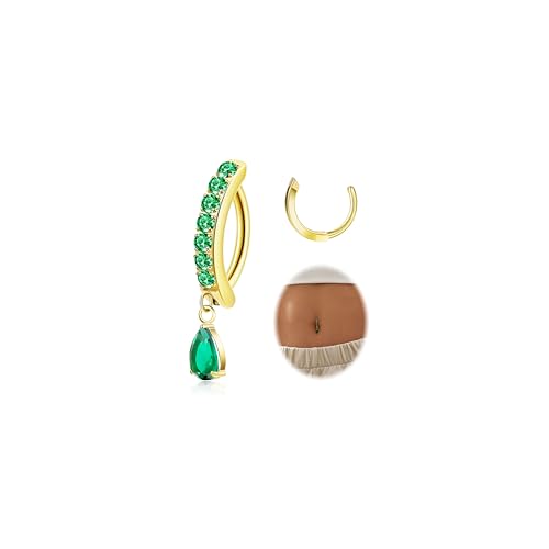 14G G23 Titanium Clicker Belly Button Ring for Women - Teardrop CZ Dangle Curved Reverse Barbell Navel Piercing - Hypoallergenic Jewelry - color: Green