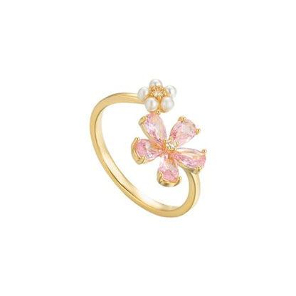 Kokoma Dainty Flower Ring for Women Sparkling Cubic Zirconia Daisy Open Statement Rings Pearl Chic Engagement Promise Ring Wrap Finger Band - color: Pink