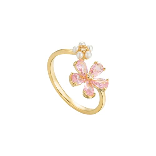Kokoma Dainty Flower Ring for Women Sparkling Cubic Zirconia Daisy Open Statement Rings Pearl Chic Engagement Promise Ring Wrap Finger Band - color: Pink
