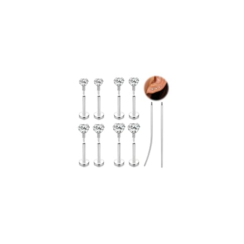 16G 18G Tragus Piercing Labret Medusa Jewelry Flat Back Earrings Nose Stud | Long Internally Threaded Monroe Lip Rings Surgical Steel CZ Cartilage Helix Studs Conch Piercings - color: Silver, size: 1.2mm=16G,BL:8mm
