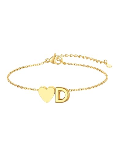 KeyStyle Initial Heart Bracelet for Women Waterproof Stainless Steel Chain | 14K Gold Plated /Silver A-Z Letter Adjustable Charm Bracelet, Hypoallergenic Non Tarnish Dainty Gift for Everyday Wear - color: 14K Gold Plated-D