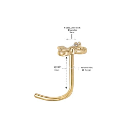 Lavari Jewelers 20 Gauge Curved Screw Nose Stud for Women - 14k Yellow Gold Cubic Zirconia Nose Ring for Her - CZ Unisex Hypoallergenic Nostril Piercing Jewelry - 20G Body Piercing for Men - style: Bow Tie Ribbon