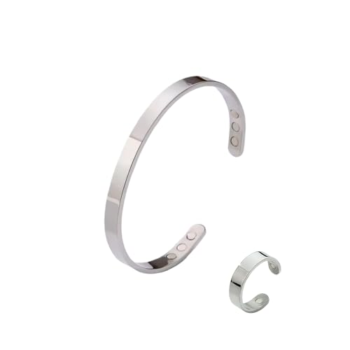 Calming Bracelet Ring Set for Women, Menopause Bracelets Adjustable Bangle Stainless Steel Cuff Climacterium Anxiety Stress Relief Energy Open Jewelry Gift - color: Silver + Silver