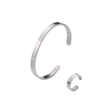 Calming Bracelet Ring Set for Women, Menopause Bracelets Adjustable Bangle Stainless Steel Cuff Climacterium Anxiety Stress Relief Energy Open Jewelry Gift - color: Silver + Silver