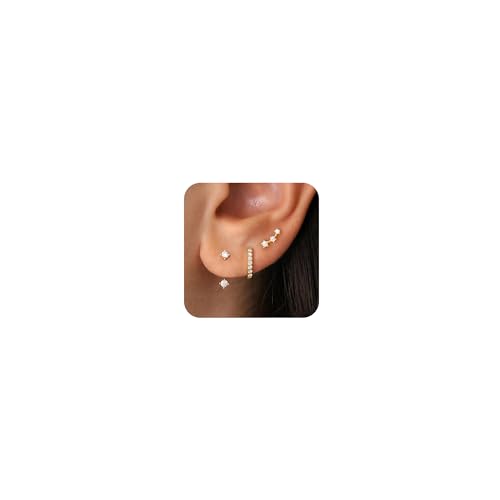 3 Pairs Mini Hoop Earrings Set Turquoise Cubic Zirconia Huggie Hoop Cartilage Earring Ear Cuff for Women (Turquoise/CZ) - color: Style A-Gold