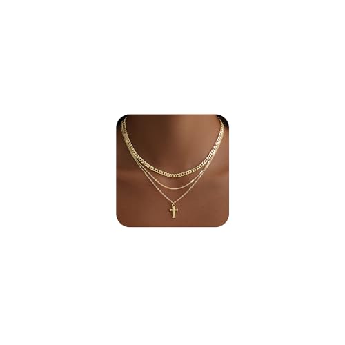 Layered Gold Necklace for Women, 14K Gold Plated Necklace Stack Set, Dainty Pendant Necklace Non Tarnish, Fashion Bow CZ Circle Star Hammered Cross Jewelry Gift for Women - color: 04-Gold