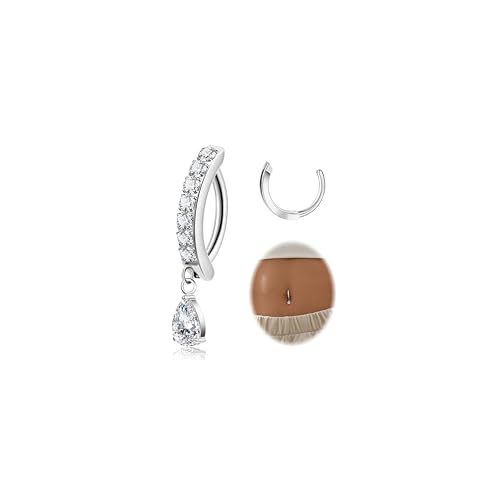 14G G23 Titanium Clicker Belly Button Ring for Women - Teardrop CZ Dangle Curved Reverse Barbell Navel Piercing - Hypoallergenic Jewelry - color: Silver