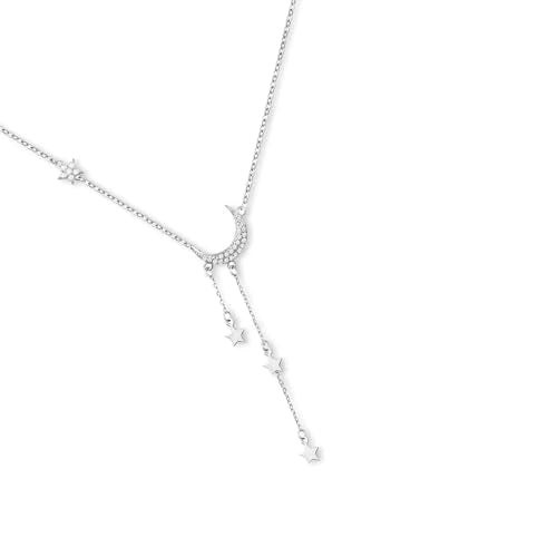 Silver Crescent Moon & Star Lariat Necklace for Women,Cubic Zirconia Draping Stars Charms Y-Necklace,Dainty Celestial Jewelry,Moon Star Necklaces for Birthday,Anniversary & Everyday Wear