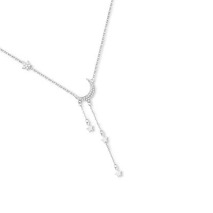 Silver Crescent Moon & Star Lariat Necklace for Women,Cubic Zirconia Draping Stars Charms Y-Necklace,Dainty Celestial Jewelry,Moon Star Necklaces for Birthday,Anniversary & Everyday Wear