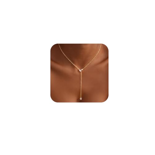 Long Gold Necklace for Women Dainty Layered Lariat Necklace | 14k Gold Plated Clover Teardrop CZ Y Shaped Drop Necklaces Cute Long Necklace for Women Trendy Prom Formal Womens Jewelry - color: Leaf CZ y necklace