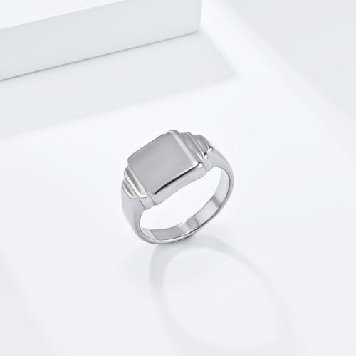 PAURO Unisex Square Shaped Signet Ring Geometric Style | Stainless Steel Square-shaped Signet Style for Men Women,Classical Simple Plain Wedding Engagement Statement Ring - color: Silver