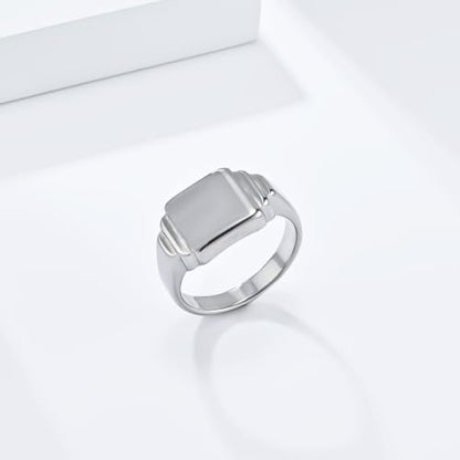 PAURO Unisex Square Shaped Signet Ring Geometric Style | Stainless Steel Square-shaped Signet Style for Men Women,Classical Simple Plain Wedding Engagement Statement Ring - color: Silver