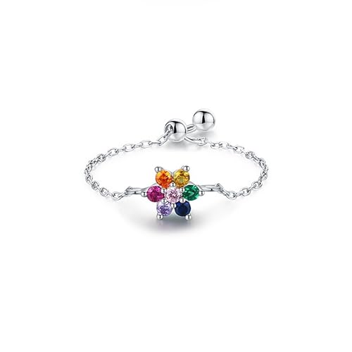 925 Sterling Silver Adjustable Link Chain Rings for Women Daughter | Dainty 14k Gold Plated Evil Eye/Cross/Flower Ring Sparkly Twist Rope with Bead Dangle Stackable Ring Jewelry Birthday Gifts - color: Style 6-Rainbow
