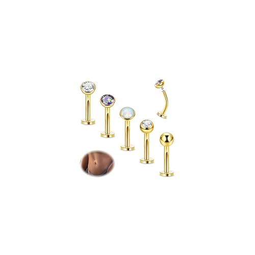 5PCS 316L Stainless Steel Floating Belly Button Rings for Women 14G Petite Flat Back CZ Belly Rings Hypoallergenic Small Opal Internally Threaded Navel Piercing Jewelry 6-16MM - color: Gold, size: 6mm