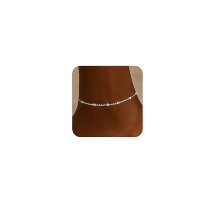 Moodear Ankle Bracelets for Women 14K Silver Plated Layered Chain Anklets | Waterproof Non Tarnish Adjustable Double Layer Anklet with Satellite Bead Chain Design for Summer Beach Jewelry Gift - color: silver-6