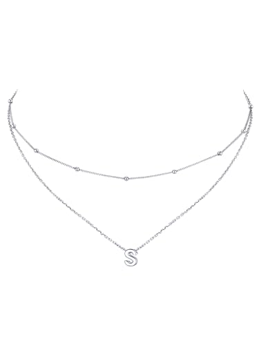 ChicSilver Layered Initial Necklace for Women, 925 Sterling Silver Personalized Letter A-Z Pendant Necklaces, Hypoallergenic Silver Choker with Adjustable 16" Rolo Chain, Dainty Birthday jewelry - style: S