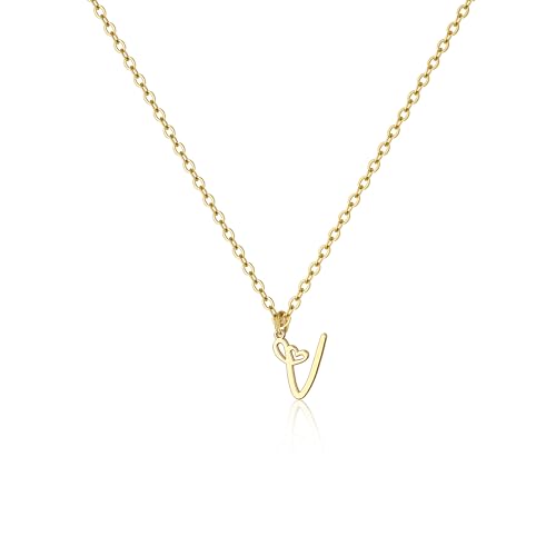 Tewiky Initial Necklace for Women-14k Gold Plated Dainty Letter Necklaces | Trendy Cute Custom Personalized Monogram Necklaces - color: gold, style: V