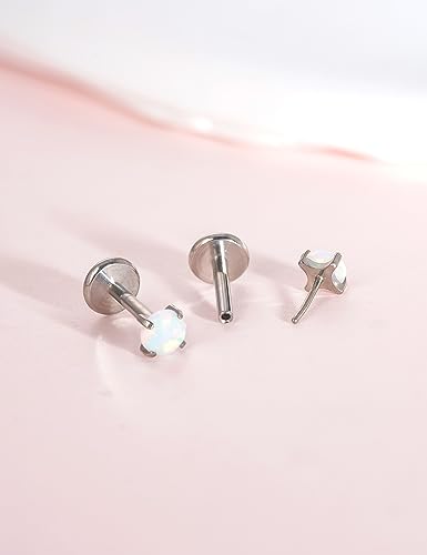 limerencia G23 Hypoallergenic 18g Flat Back Stud Earrings | F136 Implant Grade Titanium Pressfit Threadless Push Pop in Cartilage Helix Labret Lip Monroe Tragus Flat Back Piercing Studs - color: 3mm White Opal Silver