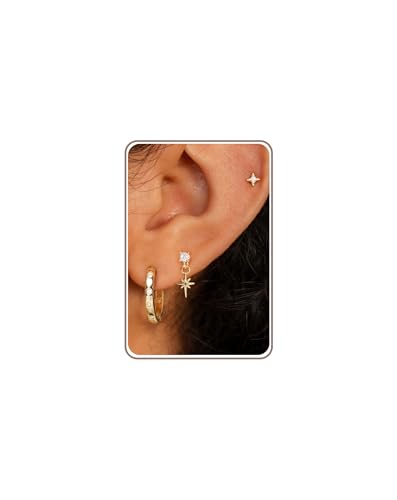 3 Pairs Earring Stacks, Gold Earring Set Jewelry Gift for Women | Small, 14K Gold/White Gold/Black/Rose Gold Plated, Hypoallergenic, Her, Everday, Stackable, Simple, 3 Holes - color: Gold-Polaris