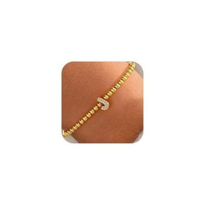Zircon Initial Bracelet for Women - Never-Fade Personalized Jewelry, Dainty 14K Gold Plated Beaded Bracelets for Women Trendy Letter A-Z Personalized Jewelry Gifts - color: J