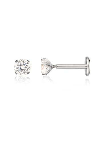 limerencia G23 Hypoallergenic 18g Flat Back Stud Earrings | F136 Implant Grade Titanium Pressfit Threadless Push Pop in Cartilage Helix Labret Lip Monroe Tragus Flat Back Piercing Studs - color: 3mm White CZ Silver
