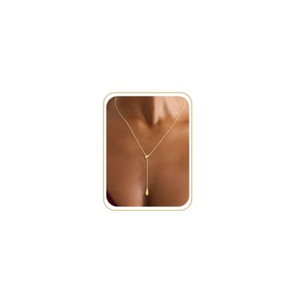 CHESKY Lariat Gold Necklace for Women, Dainty Long Necklace 14k Gold Plated Y-Shaped Pendant Necklace Trendy Layered CZ Beaded Chain Drop Necklaces Simple Gold Jewelry for Women Gifts - color: 3