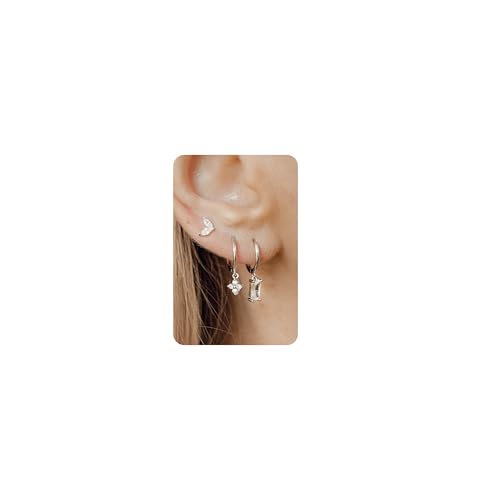 Sterling Silver Earrings Stacks for Women, Hypoallergenic Cartilage Earring | Dainty Stud Huggie Hoop Dangle Chain Earrings, 14K Gold/White Gold Plated - color: 3Pairs-Square CZ Set-Silver