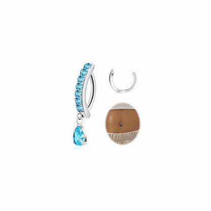 14G G23 Titanium Clicker Belly Button Ring for Women - Teardrop CZ Dangle Curved Reverse Barbell Navel Piercing - Hypoallergenic Jewelry - color: Blue