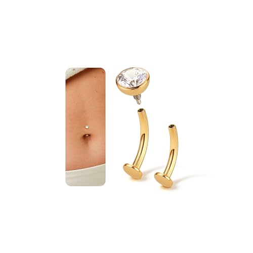Upgraded Wearability Floating Belly Button Ring, G23 Titanium Internally Threaded Belly Button Piercing 14G, Curved Barbell Belly Rings, Pink Clear CZ Navel Rings with 10mm and 12mm Bar, Silver Gold Plated - color: Gold,Clear CZ