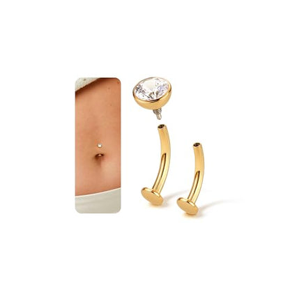 Upgraded Wearability Floating Belly Button Ring, G23 Titanium Internally Threaded Belly Button Piercing 14G, Curved Barbell Belly Rings, Pink Clear CZ Navel Rings with 10mm and 12mm Bar, Silver Gold Plated - color: Gold,Clear CZ