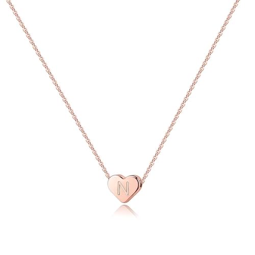 Turandoss Tiny Heart Initial Necklaces for Girls | 14K Rose Gold Plated Heart Pendant Handmade Dainty Letter Initial Necklaces for Teen Girls Jewelry - color: N