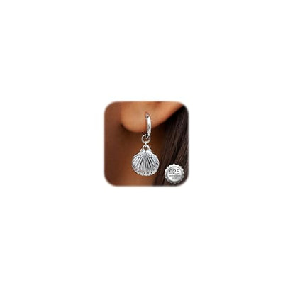 FIBO STEEL 14K Gold Plated Hoop Earrings with Charms for Women Huggie Hoops | Hypoallergenic 925 Sterling Silver Post Dangle Earrings Small Silver Gold Hoops Earring Cubic Zirconia Dangle Drop Jewelry - color: Shell - Silver Plated