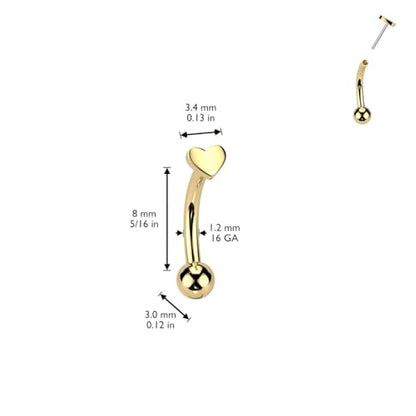 Pierced Owl 16GA ASTM F-136 Implant Grade Titanium Threadless Push-In Heart Top Eyebrow Curved Barbell - style: Gold Tone