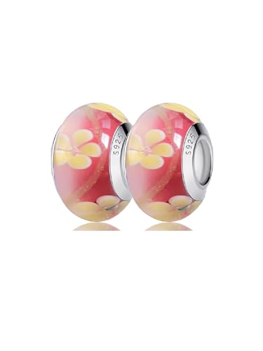 2pcs Authentic 925 Silver Murano Glass Flower Charms for Pandora Bracelets - color: 04-Red & Yellow flowers