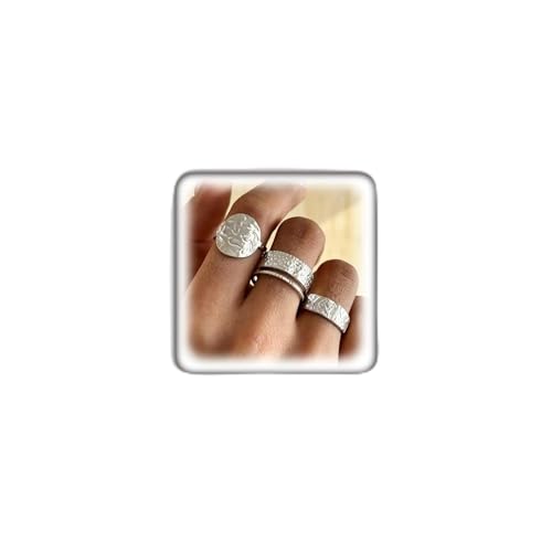 3Pcs Gold Chunky Hammered Geometric Open Ring Set for Women,Boho Retro Textured Stackable Band Statement Rings Modern Minimalist Jewelry Gifts - color: Silver
