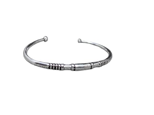 Solid 925 Sterling Silver Tribal Cuff Oxidized Torque with Engraved Geometric Pattern Ethnic Boho Handmade Bracelet Size 7 Inches and Adjustable
