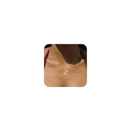 Shell Starfish Charm for Women, Dainty Layered 14K Gold Plated Seashell Conch Starfish Pearl Pendant Necklace for Women Stack Trendy Beach Cuban Link CZ Chain Necklace Summer Vacation Jewelry - color: Starfish Pearl Necklace