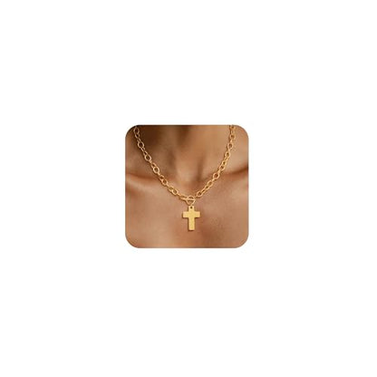 Freekiss 3-Piece Layered Toggle Necklace for Women | Gold/Silver necklace set with herringbone, rope, and paperclip chains plus a toggle clasp for layering, parties, and gifts - color: Gold Cross Necklace Style2
