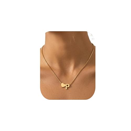 18K Real Gold Plated Heart Initial Necklace for Women-Personalized A-Z Letter Pendant on Durable Stainless Steel Box Chain (16+2.5 inch Adjustable) Hypoallergenic Everyday Jewelry Gift Boxed for Mom Wife - style: Gold:P