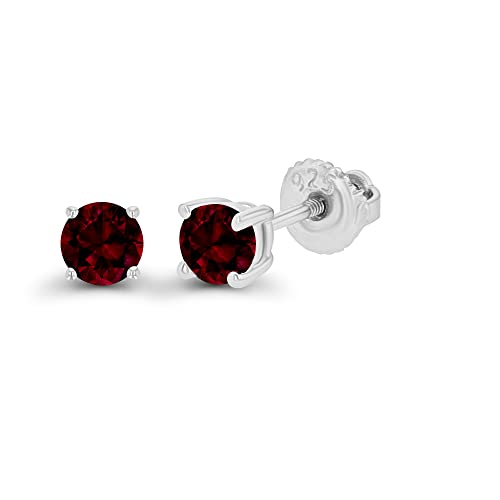 14K Gold Plated 925 Sterling Silver Hypoallergenic 4mm Round Genuine Birthstone Solitaire Screwback Stud Earrings - color: Garnet