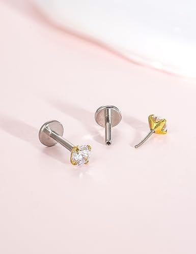 limerencia G23 Hypoallergenic 18g Flat Back Stud Earrings | F136 Implant Grade Titanium Pressfit Threadless Push Pop in Cartilage Helix Labret Lip Monroe Tragus Flat Back Piercing Studs - color: 3mm White CZ Gold