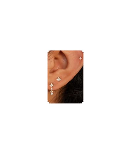 3 Pairs Earring Stacks, Gold Earring Set Jewelry Gift for Women | Small, 14K Gold/White Gold/Black/Rose Gold Plated, Hypoallergenic, Her, Everday, Stackable, Simple, 3 Holes - color: Gold-North Star