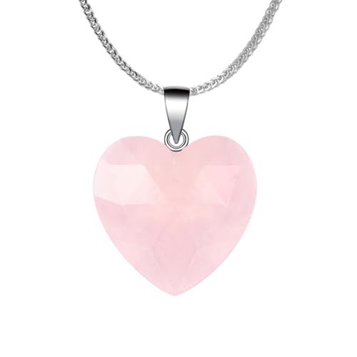 iSTONE 925 Sterling Silver Natural Crytral for Womens Pendant Necklace, Gemstone Birthstone with 17.8" Silver Chain Ladies - color: Heart - Rose Quartz