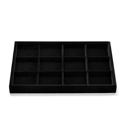 Black Velvet 12 Grid Divided Jewelry Display Organizer Tray | Soft elegant black velvet 12-grid divided tray, classified jewelry storage for home vanity, drawers, retail & trade shows - size: 12 Grid
