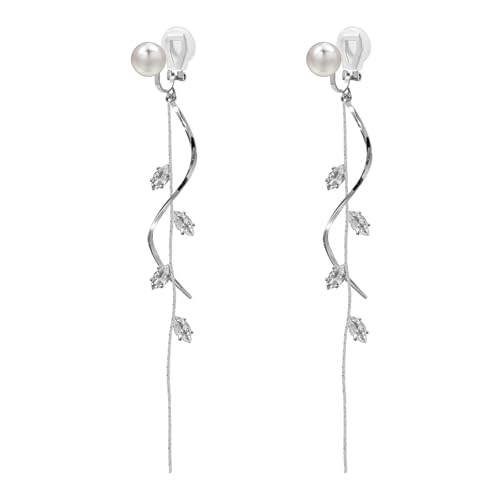 ASOQOLA Clip on Earrings Non Pierced for Women Long Dangle Drop Clip Earrings - Cubic Zirconia Leaf Earrings for Women Wedding Party Prom Jewelry Gifts - color: silver-white